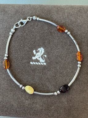Sterling 925 Silver Baltic Multi-Bead Genuine  Multicolor  Amber Bracelet